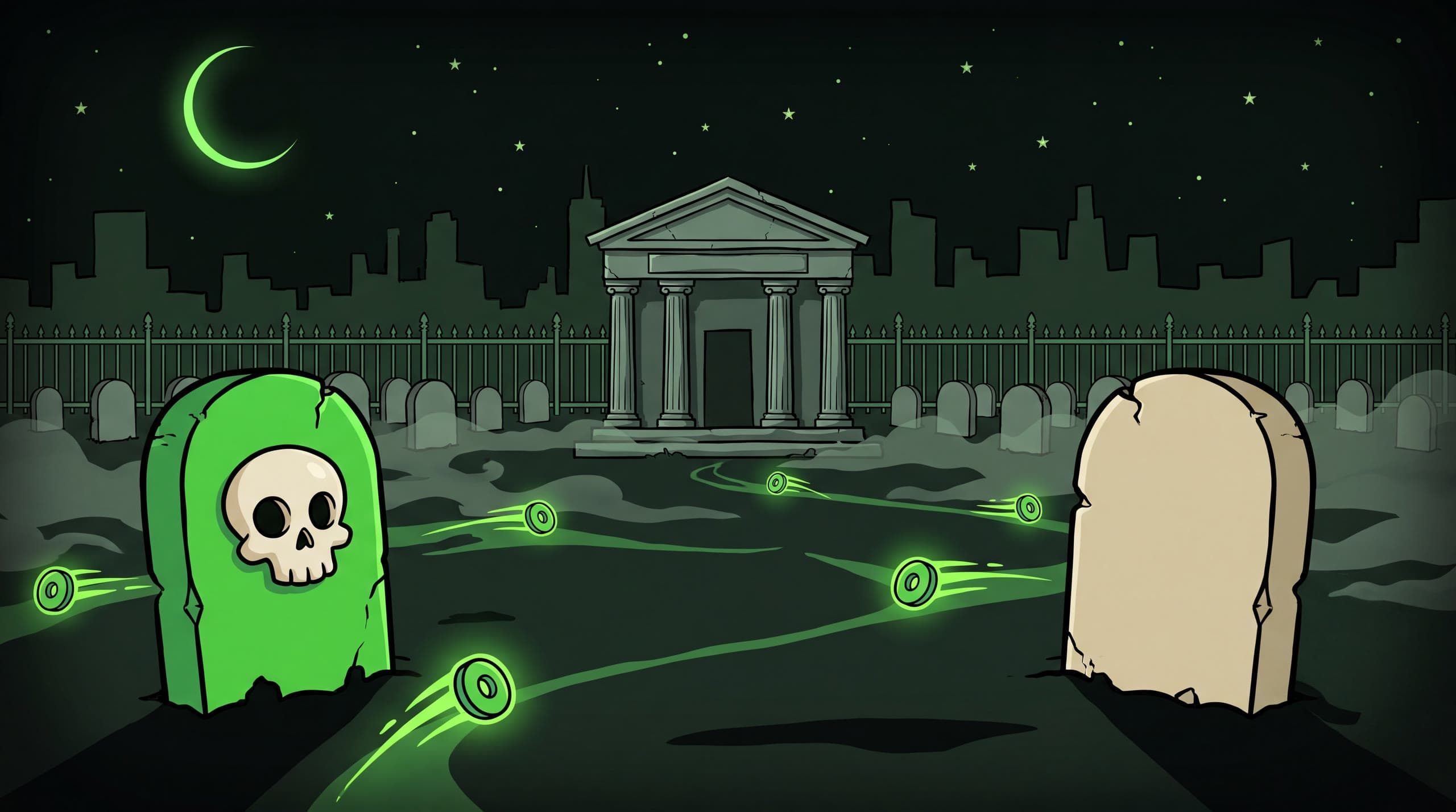 Two gravestones in a night cemetery: one green bearing a skull, one pale beige, before a stone mausoleum