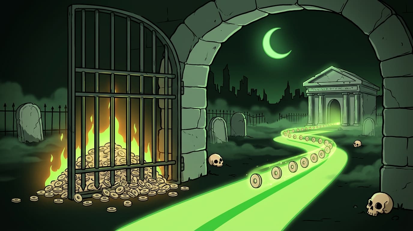 A cemetery gate: one half blocked by a portcullis with coins piling up, the other half open with coins flowing through