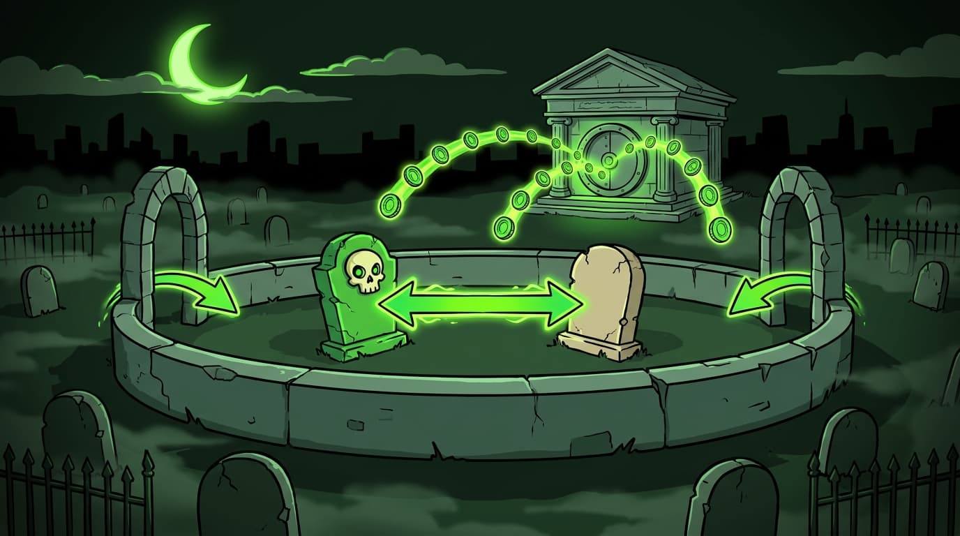 Two gravestones facing each other inside a stone ring, joined by a glowing one-to-one arrow